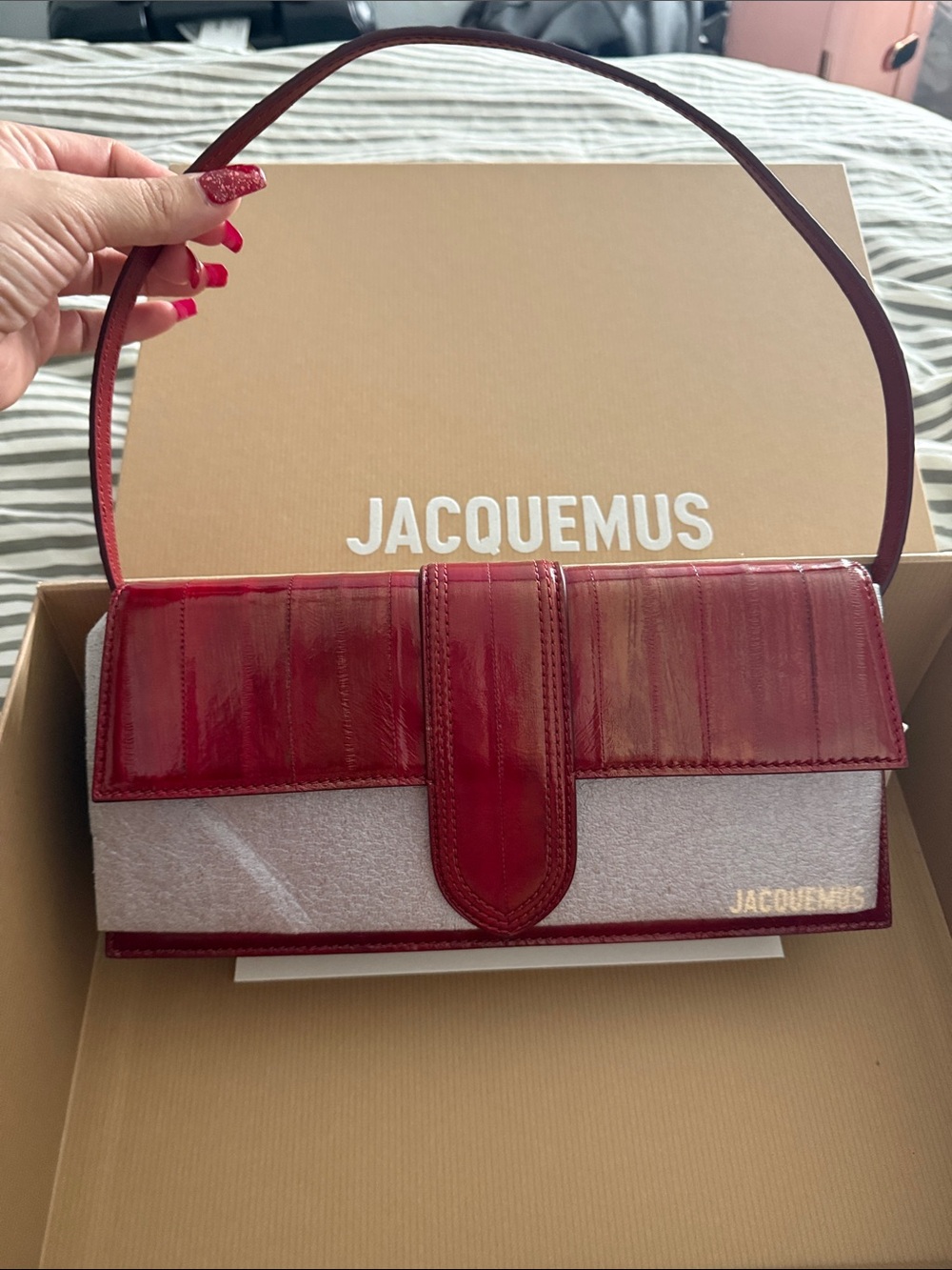 New Jacquemus Long Dark Red Le bambino -tanned Hagfish Leather❤️